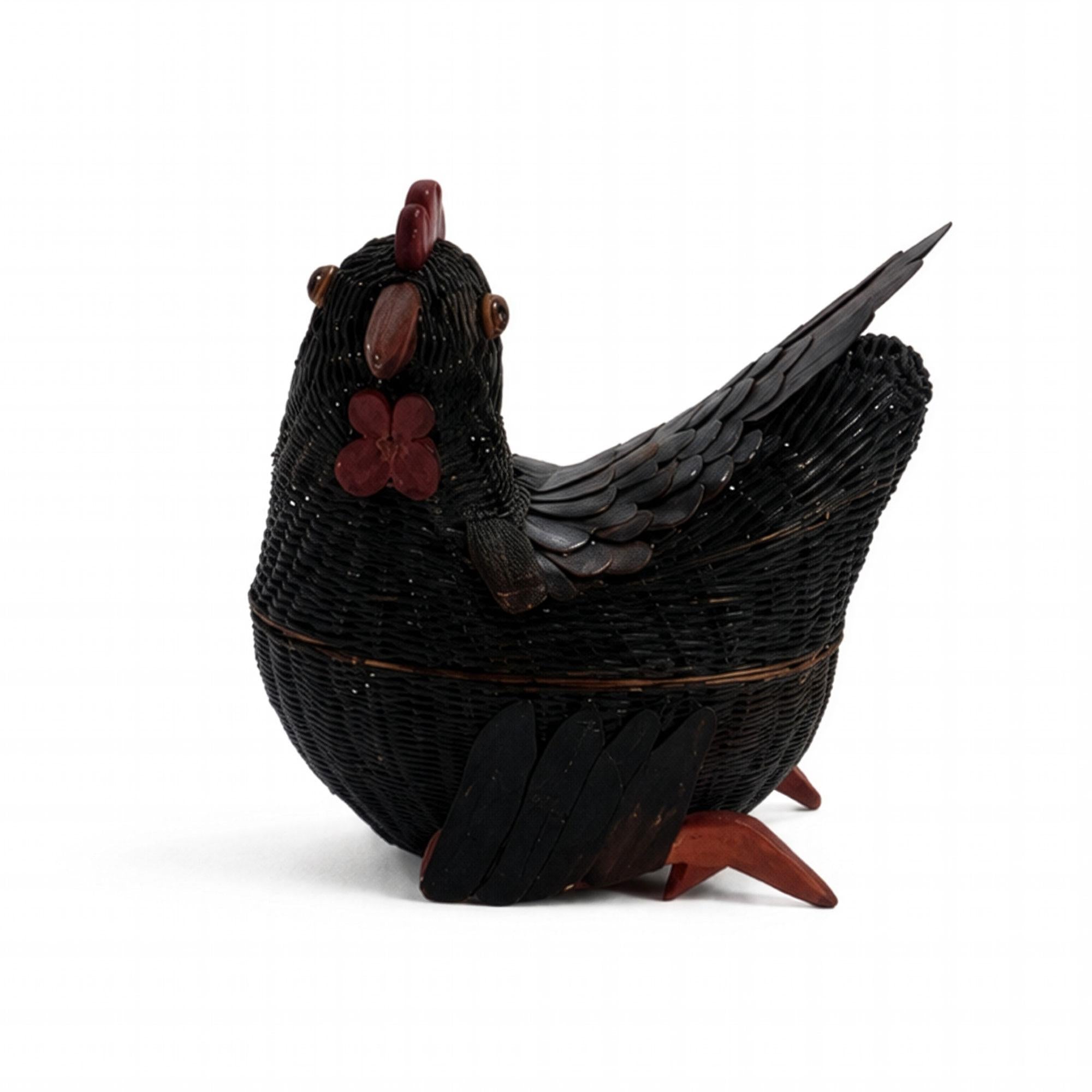 1970s Vintage Chinese Wicker Chicken Basket with Lid, Bamboo & Rattan — image 6