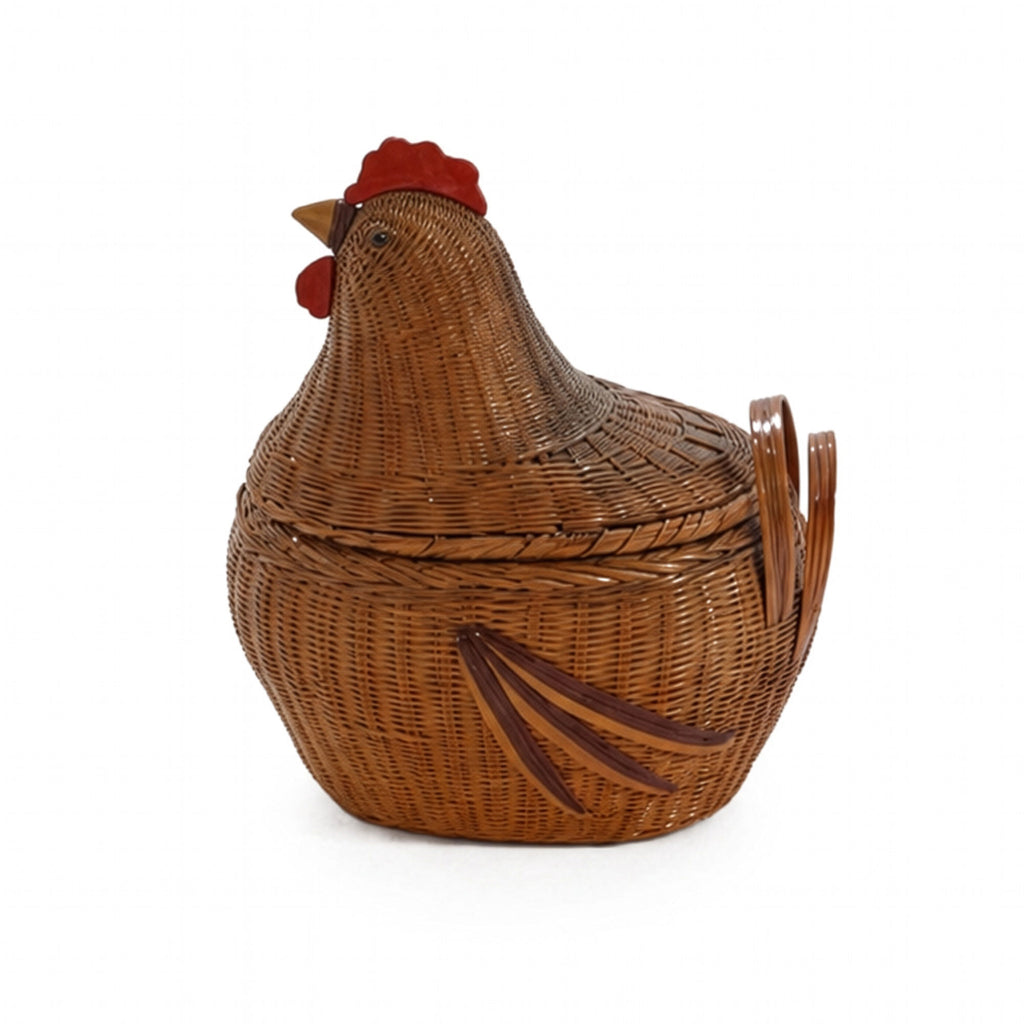 Chinese Wicker Hen Basket with Lid, Circa 1970s