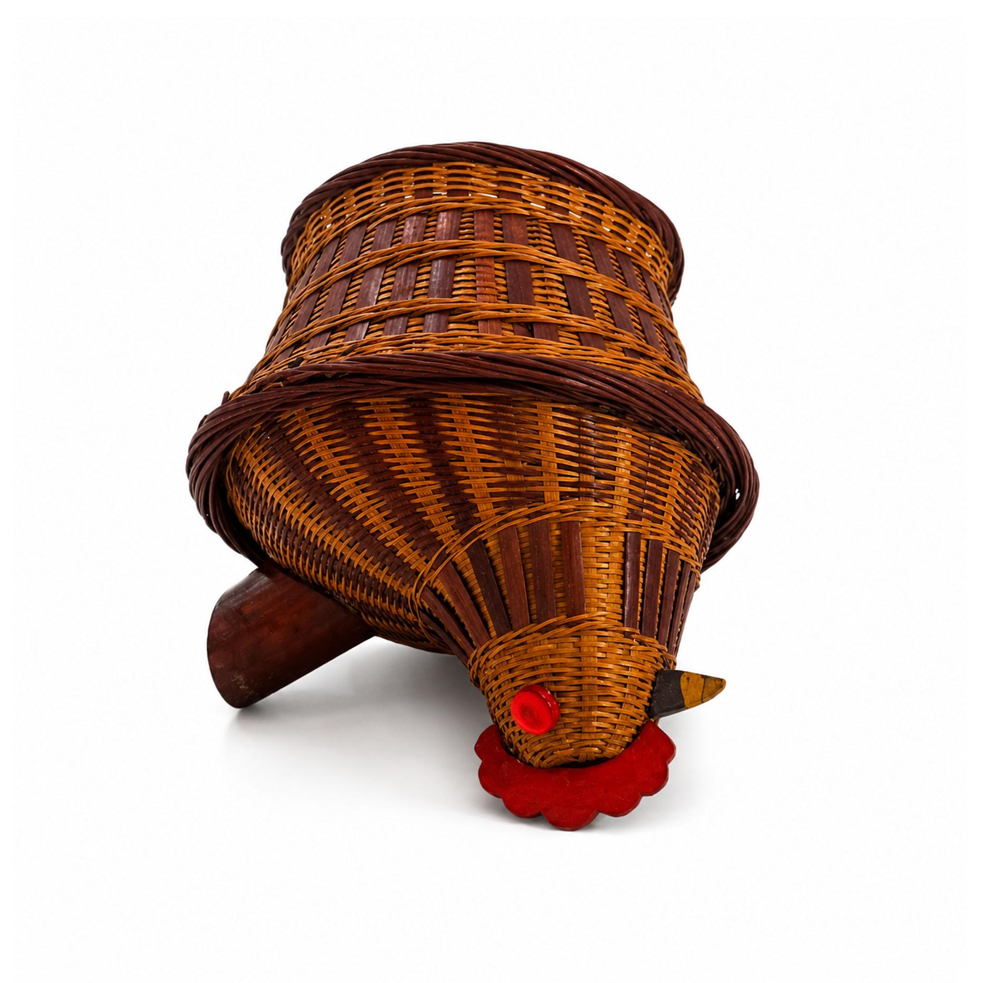 Vintage Chinese Wicker Hen Basket with Lid, Handwoven Rattan, 1970s — image 9
