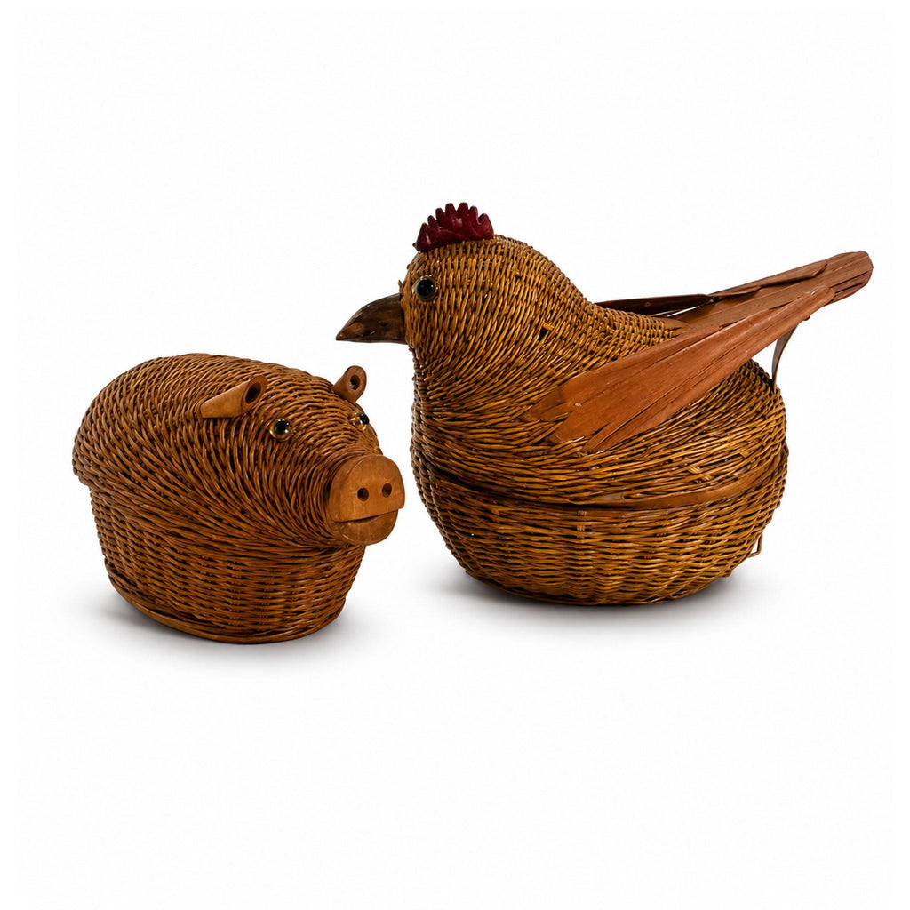 Vintage Chinese Wicker Pig and Bird Baskets, Rattan, Handwoven, 1970s — image 2