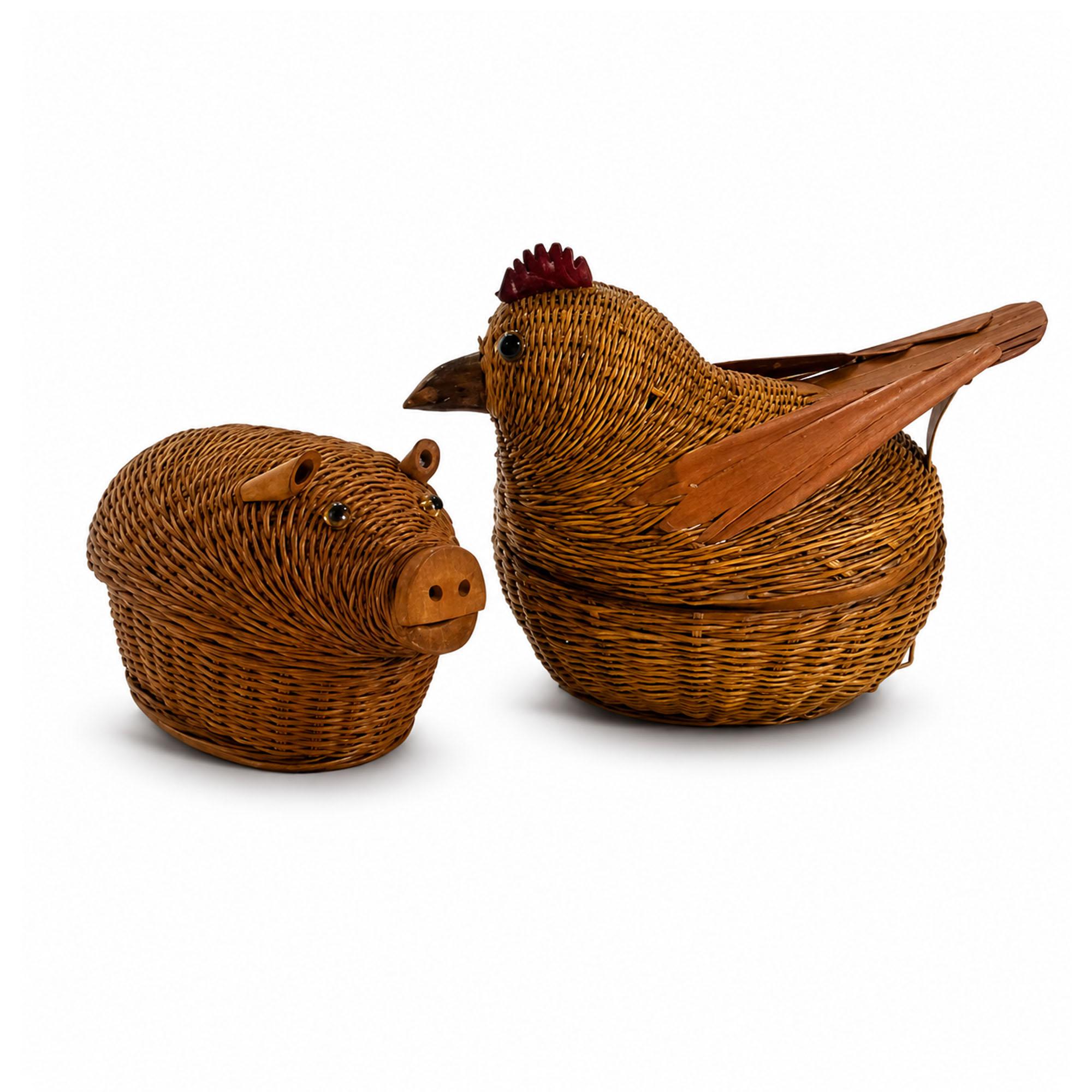 Vintage Chinese Wicker Pig and Bird Baskets, Rattan, Handwoven, 1970s — image 2