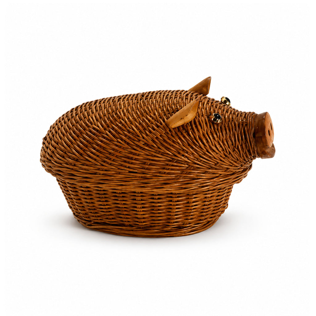 Vintage Chinese Wicker Pig and Bird Baskets, Rattan, Handwoven, 1970s