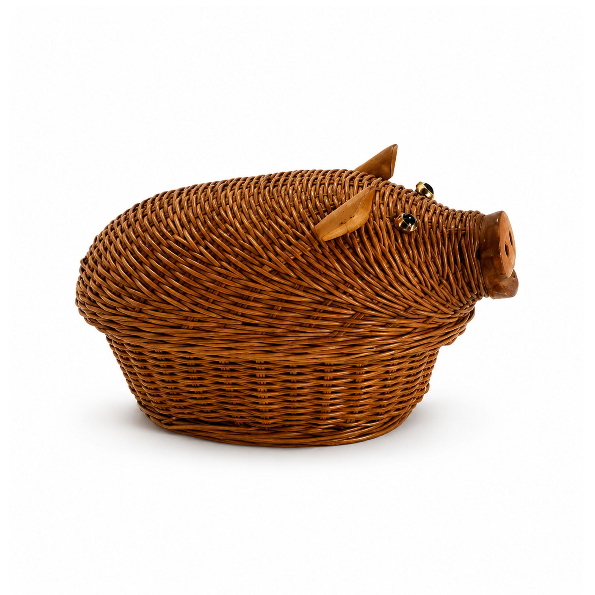 Vintage Chinese Wicker Pig and Bird Baskets, Rattan, Handwoven, 1970s — image 5