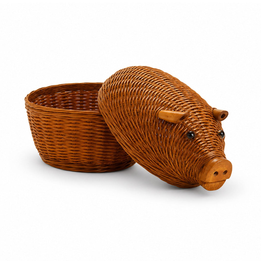 Vintage Chinese Wicker Pig and Bird Baskets, Rattan, Handwoven, 1970s — image 6
