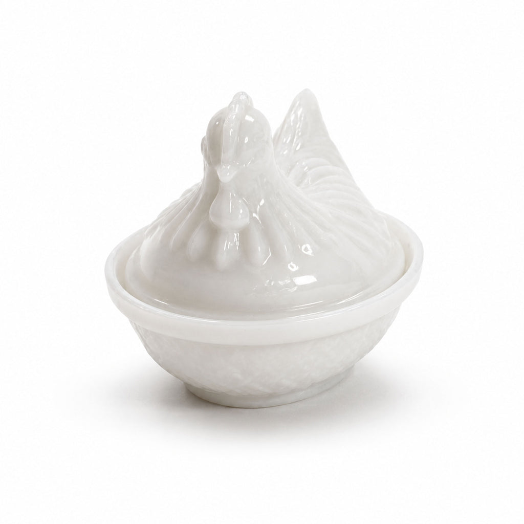 Small Vintage Milk Glass Hen on Nest Covered Dish, Circa 1970s