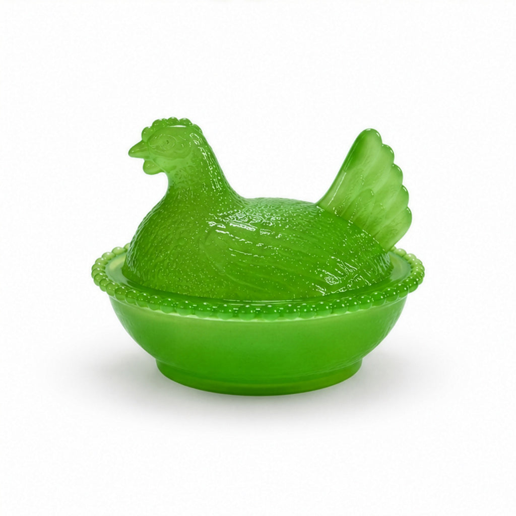 Jadeite Green Glass Hen on Nest Covered Dish, USA, 2020s