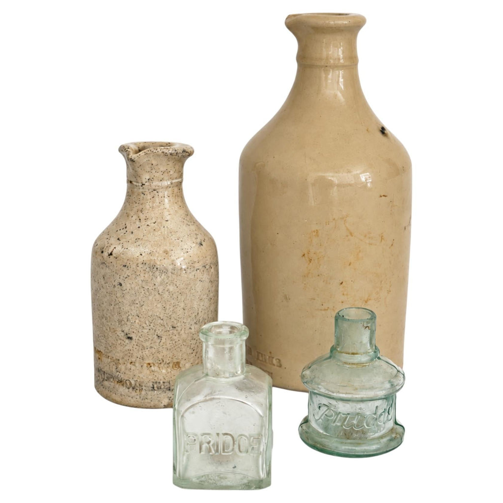 Antique British Ink Pot Set, Stoneware and Glass, Circa 1890, 4 Pieces