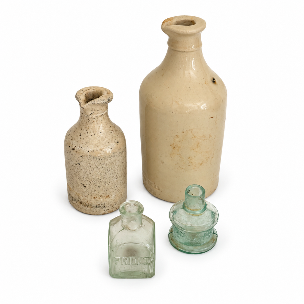 Antique British Ink Pot Set, Stoneware and Glass, Circa 1890, 4 Pieces