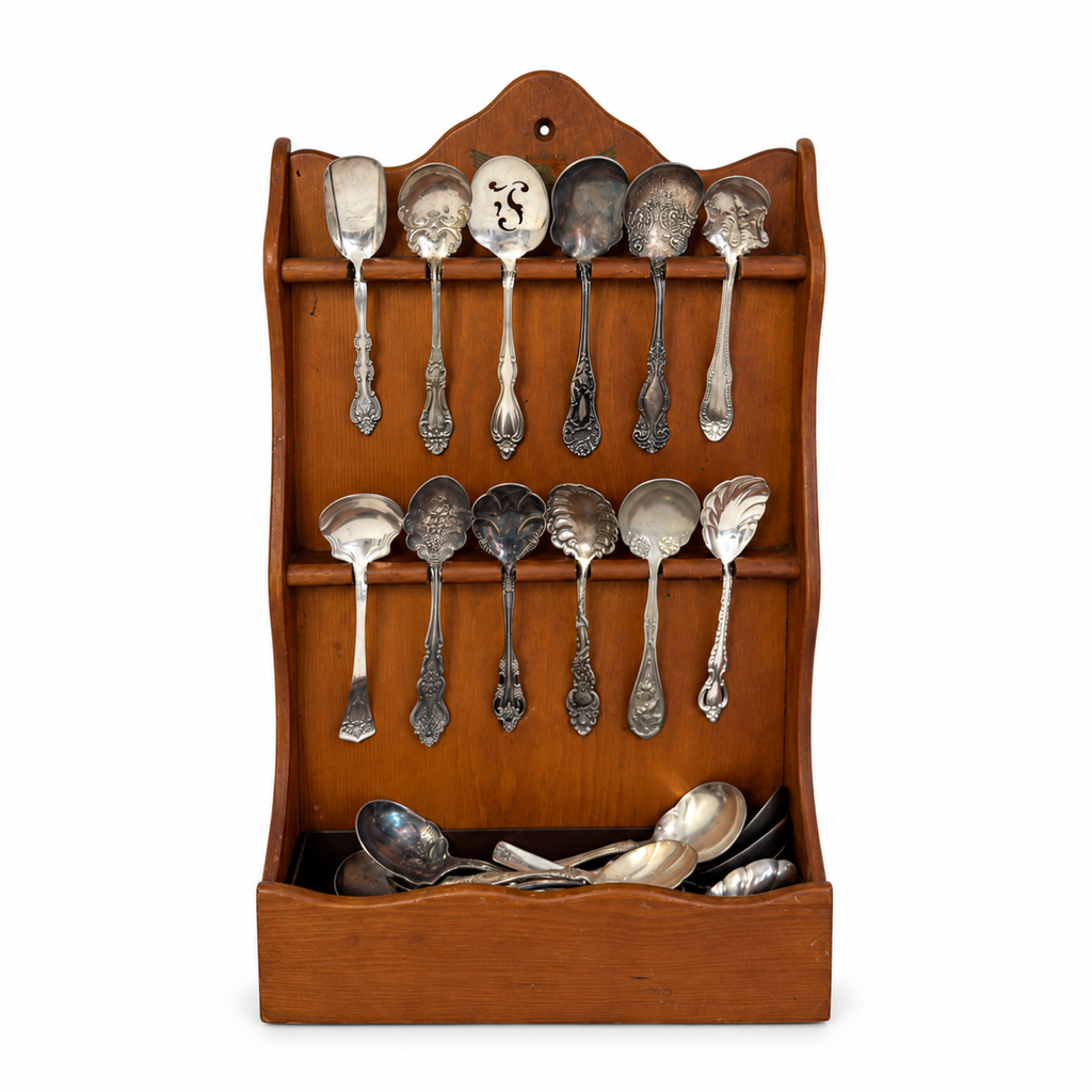 30 Antique Silver-Plated Spoons with Wooden Display Rack