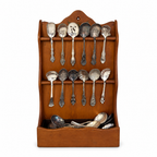 30 Antique Silver-Plated Spoons with Wooden Display Rack