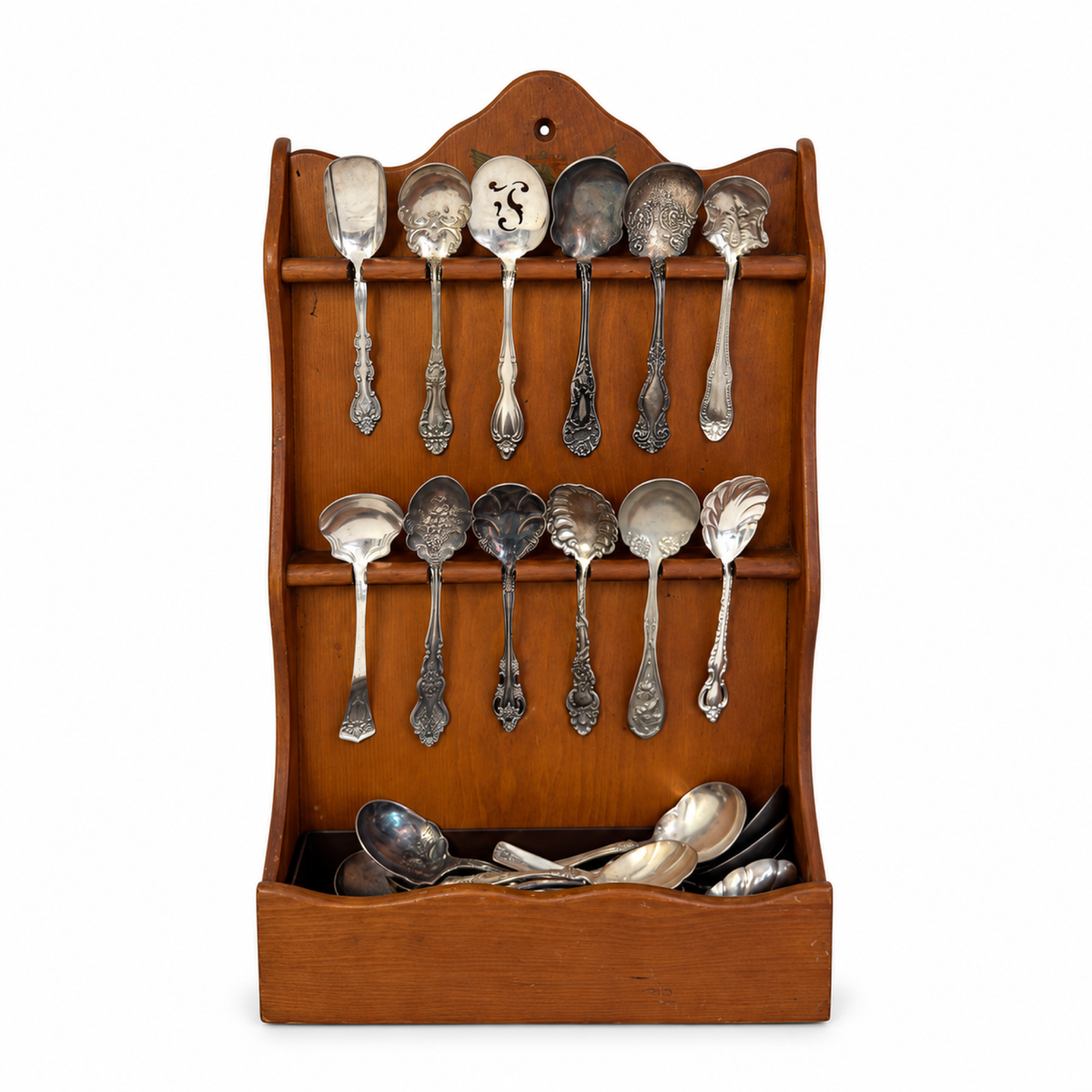 30 Antique Silver-Plated Spoons with Wooden Display Rack