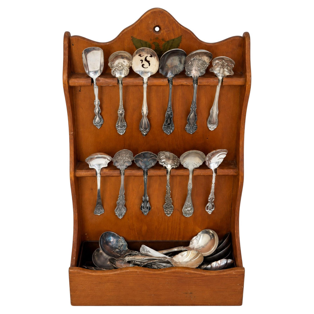 30 Antique Silver-Plated Spoons with Wooden Display Rack