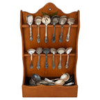 30 Antique Silver-Plated Spoons with Wooden Display Rack