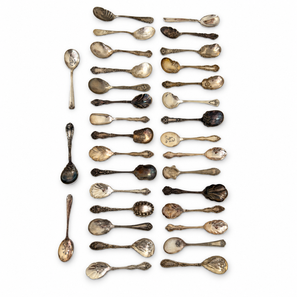30 Antique Silver-Plated Spoons with Wooden Display Rack