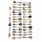 30 Antique Silver-Plated Spoons with Wooden Display Rack