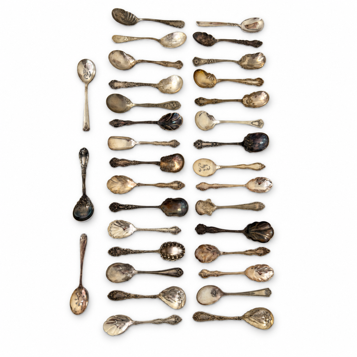 30 Antique Silver-Plated Spoons with Wooden Display Rack