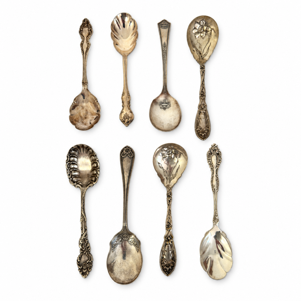 30 Antique Silver-Plated Spoons with Wooden Display Rack