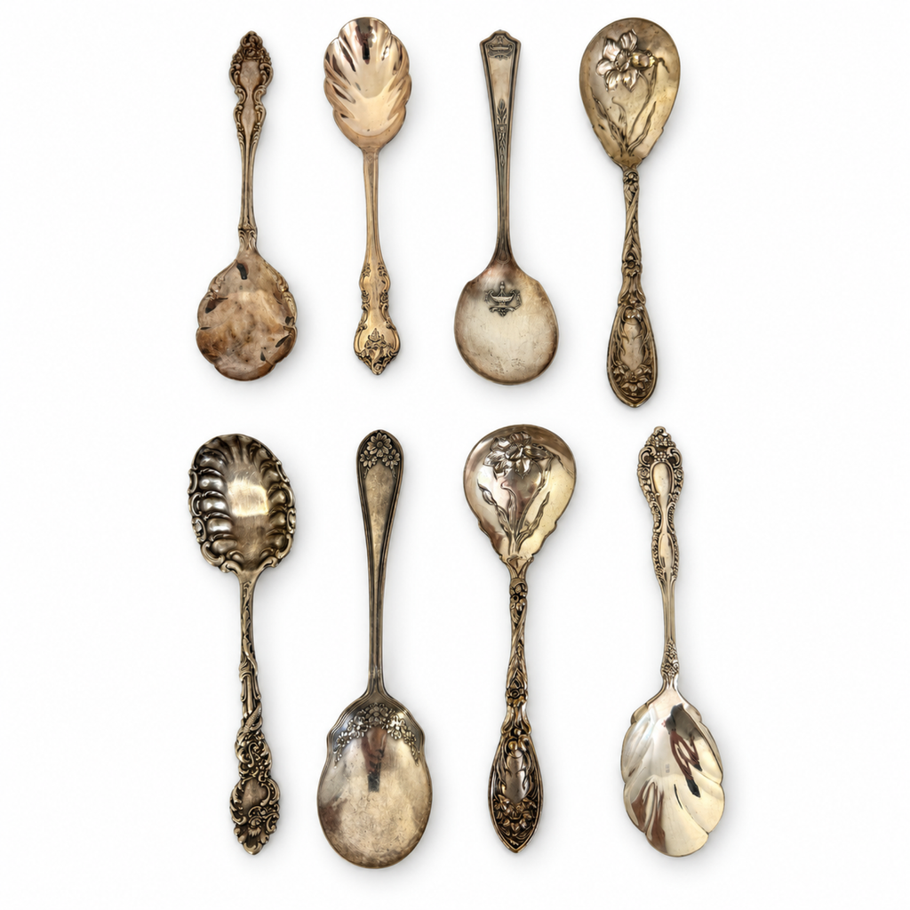 30 Antique Silver-Plated Spoons with Wooden Display Rack
