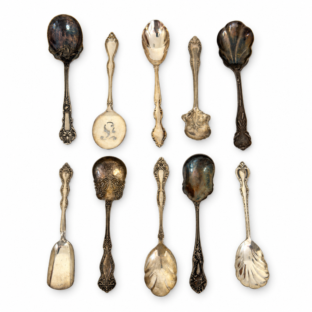30 Antique Silver-Plated Spoons with Wooden Display Rack