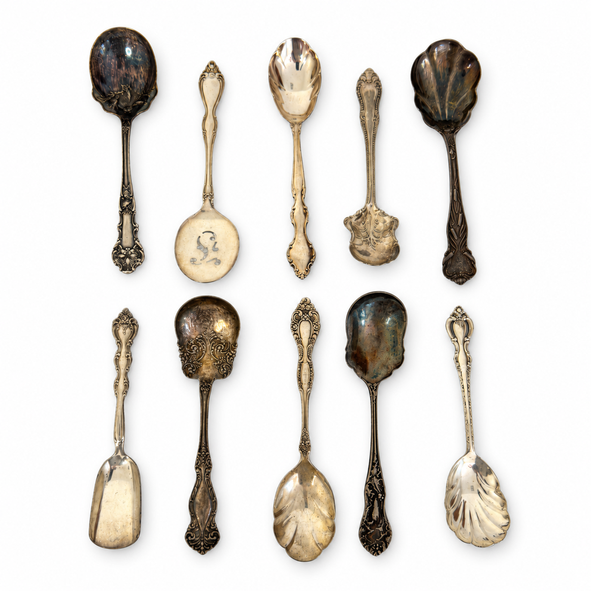 30 Antique Silver-Plated Spoons with Wooden Display Rack
