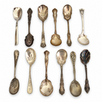 30 Antique Silver-Plated Spoons with Wooden Display Rack