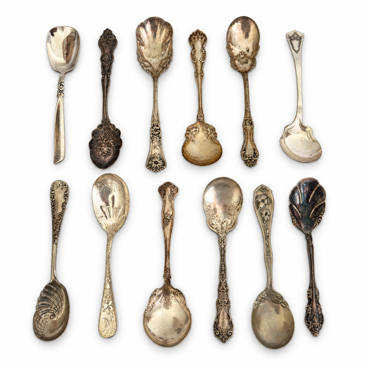 30 Antique Silver-Plated Spoons with Wooden Display Rack