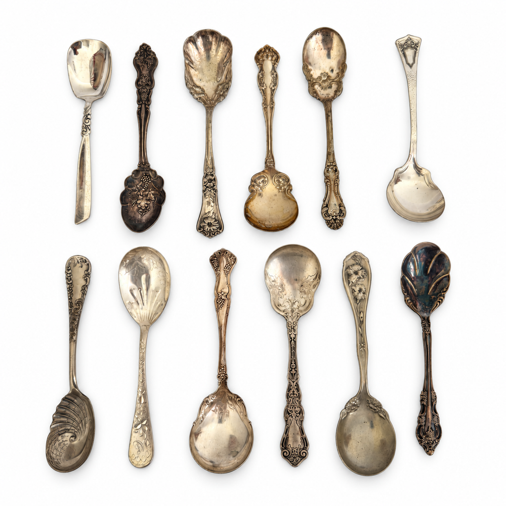 30 Antique Silver-Plated Spoons with Wooden Display Rack