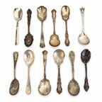 30 Antique Silver-Plated Spoons with Wooden Display Rack