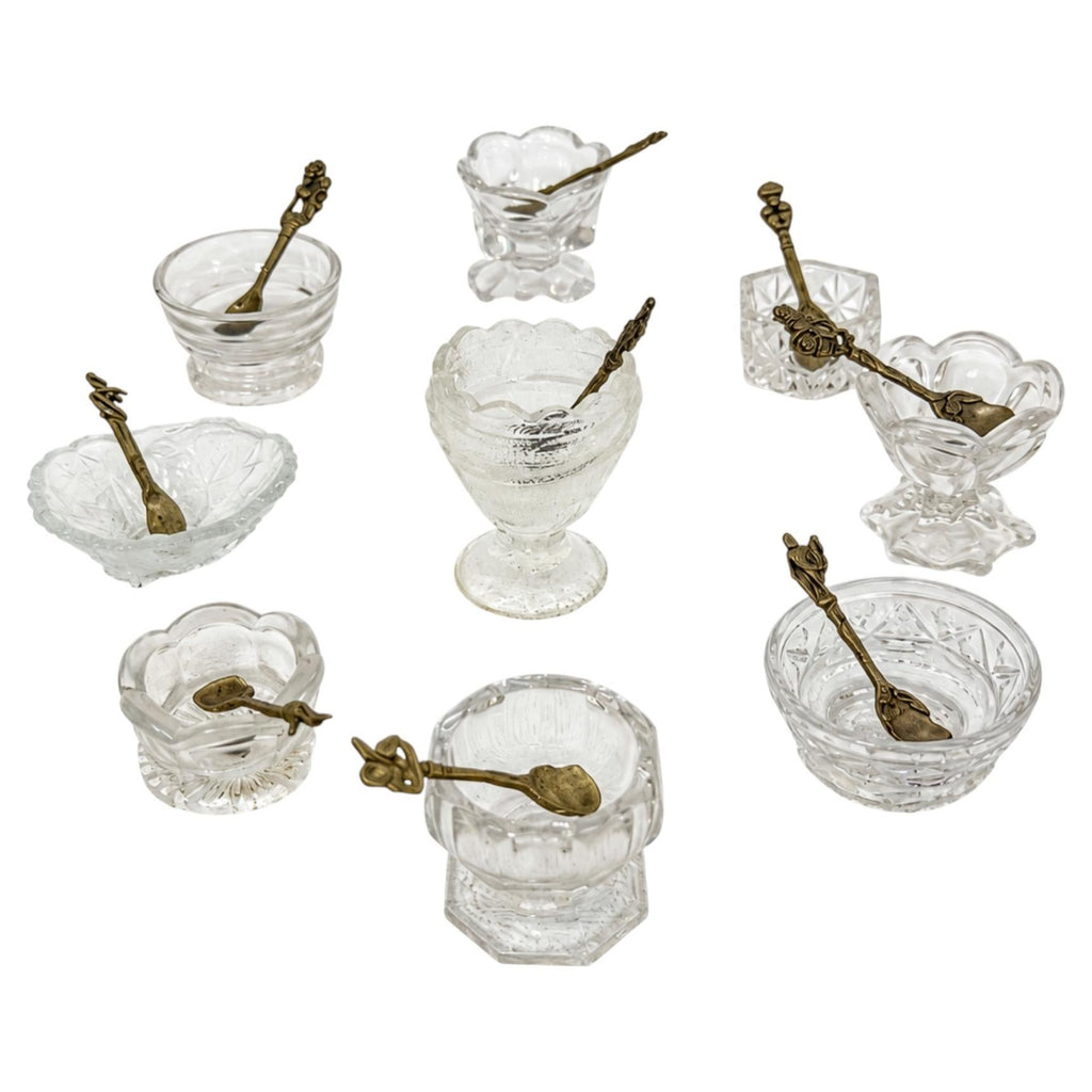 Vintage Glass Open Salt Cellars Set with Italian Brass Spoons