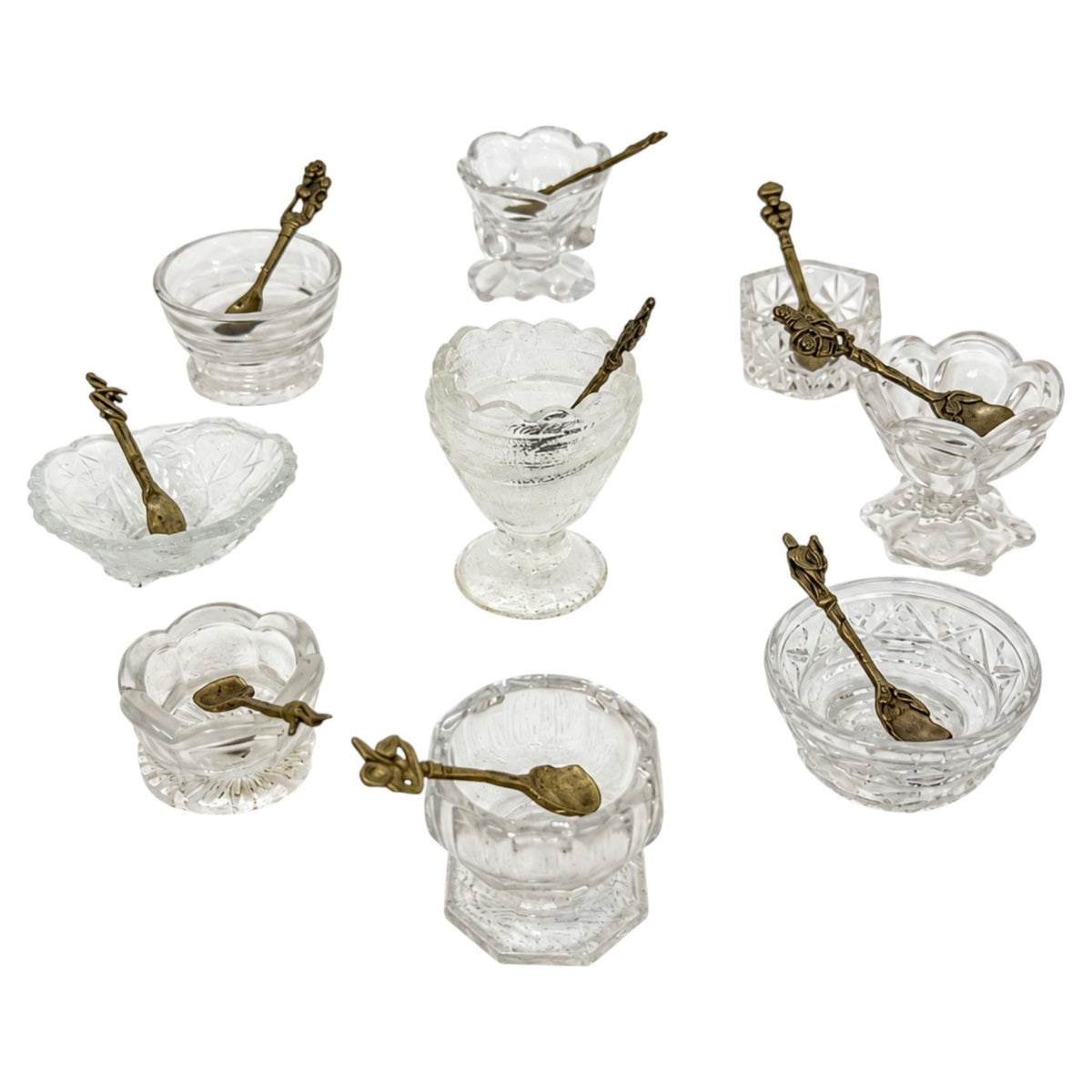 Vintage Glass Open Salt Cellars Set with Italian Brass Spoons