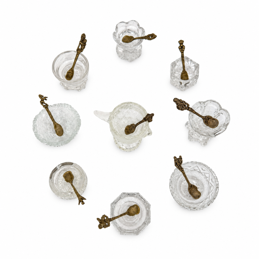 Vintage Glass Open Salt Cellars Set with Italian Brass Spoons