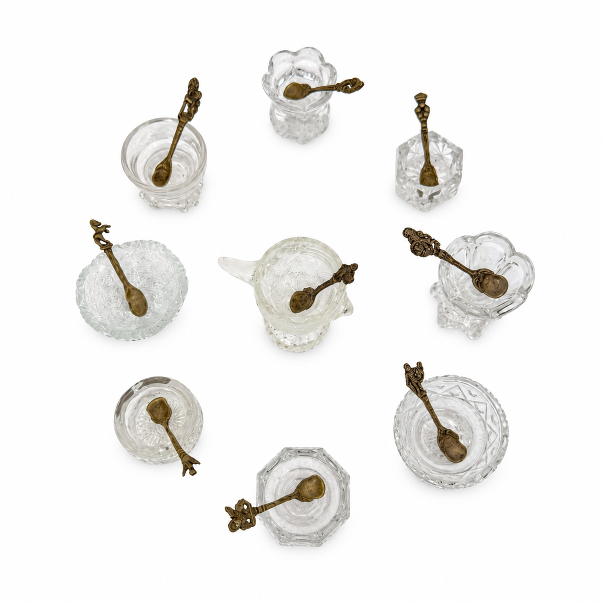 Vintage Glass Open Salt Cellars Set with Italian Brass Spoons