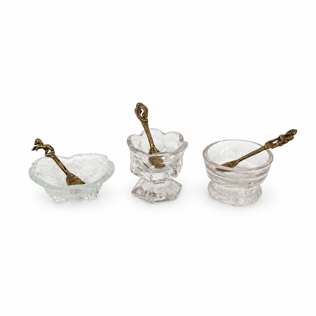 Vintage Glass Open Salt Cellars Set with Italian Brass Spoons