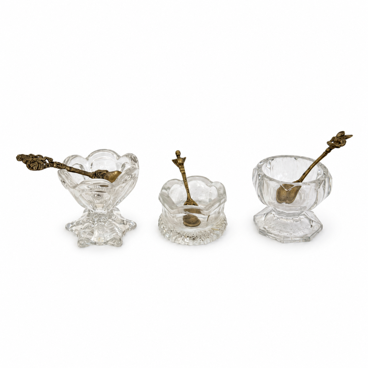 Vintage Glass Open Salt Cellars Set with Italian Brass Spoons
