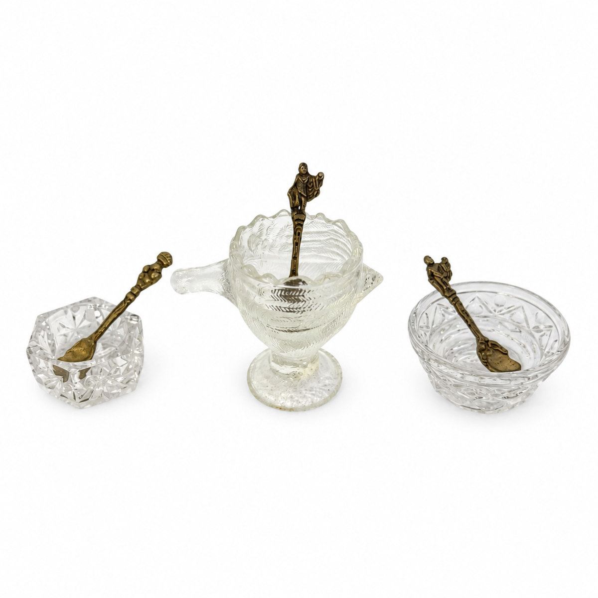 Vintage Glass Open Salt Cellars Set with Italian Brass Spoons