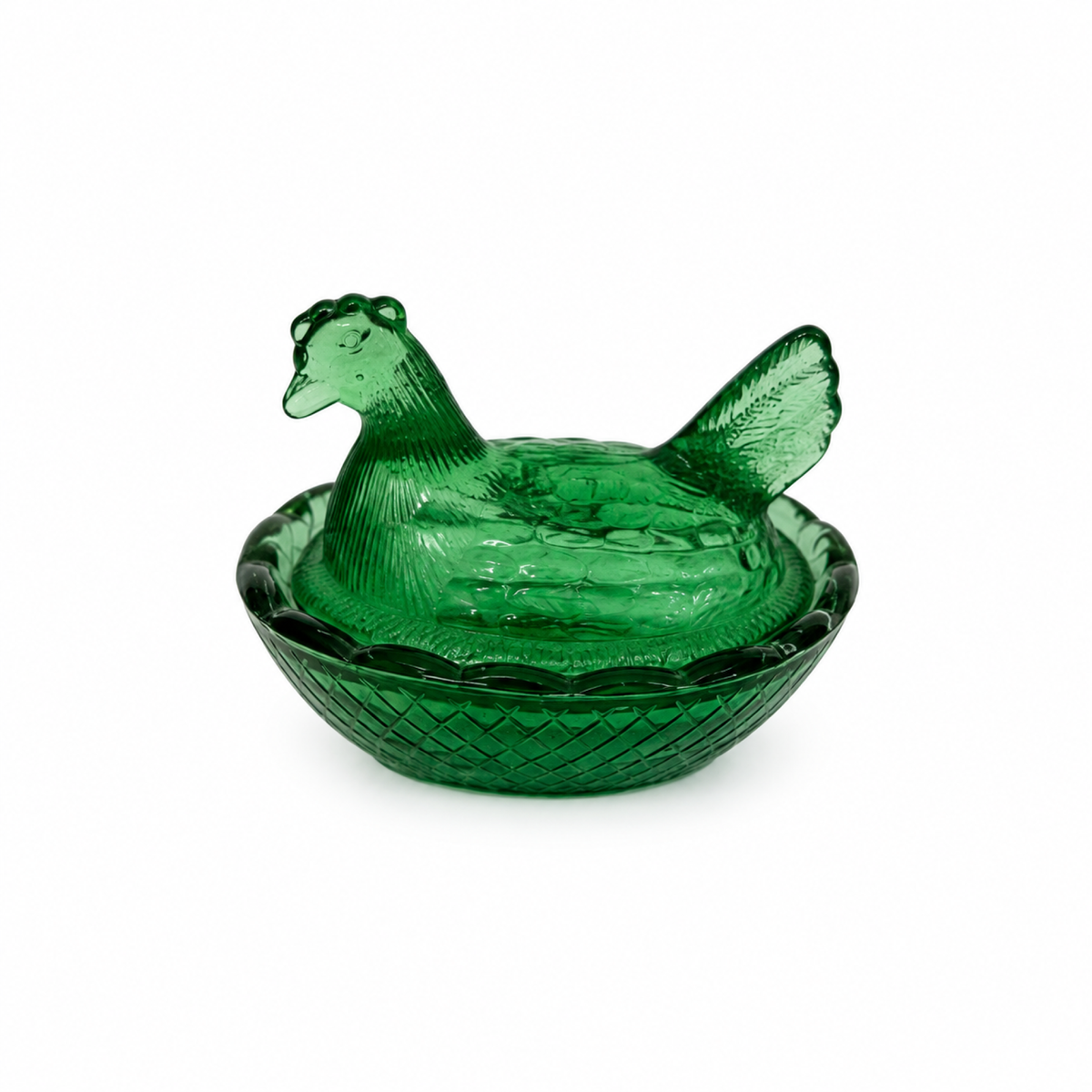 Collection of Nine Vintage Hen on Nest Glass Salt Cellars with Display