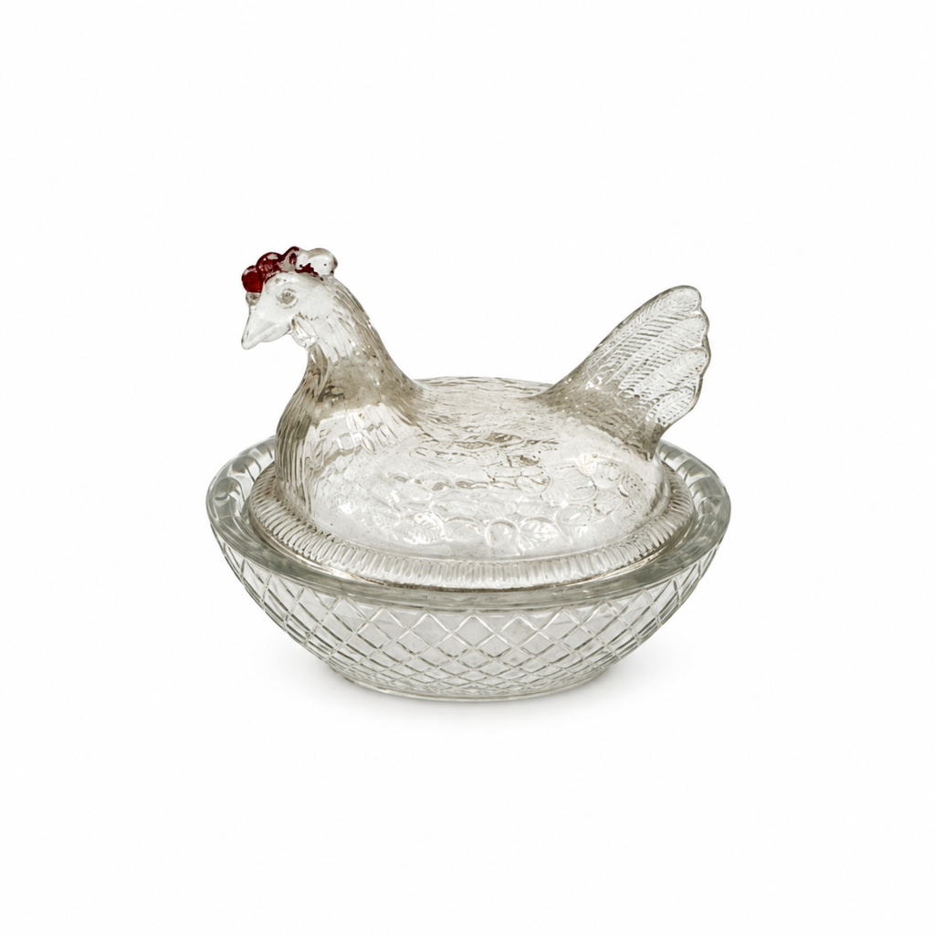 Collection of Nine Vintage Hen on Nest Glass Salt Cellars with Display