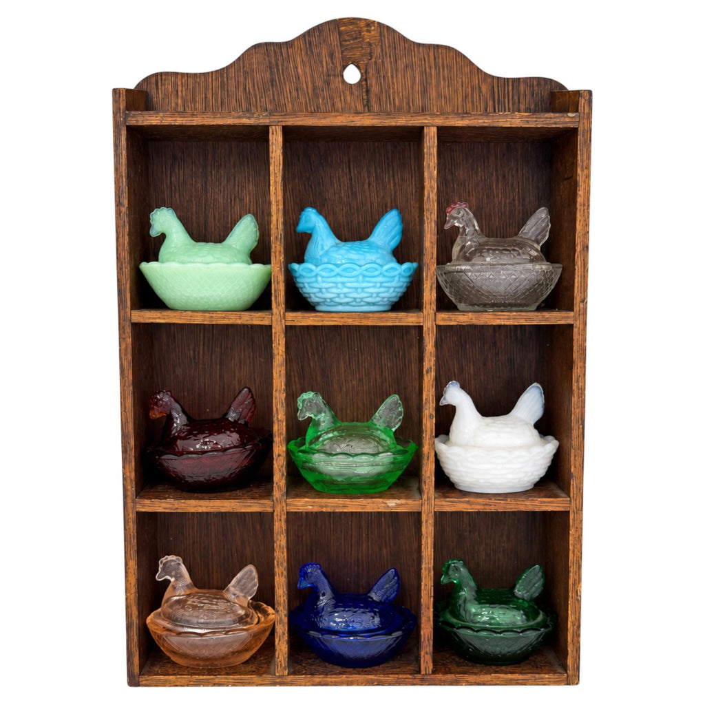 Collection of Nine Vintage Hen on Nest Glass Salt Cellars with Display