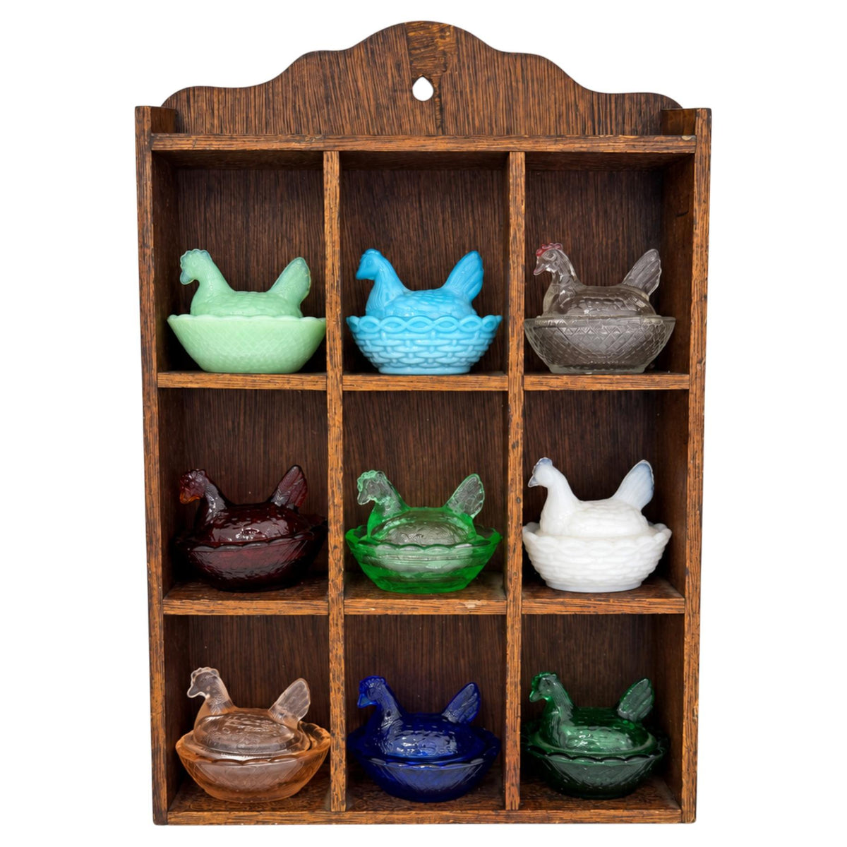 Collection of Nine Vintage Hen on Nest Glass Salt Cellars with Display