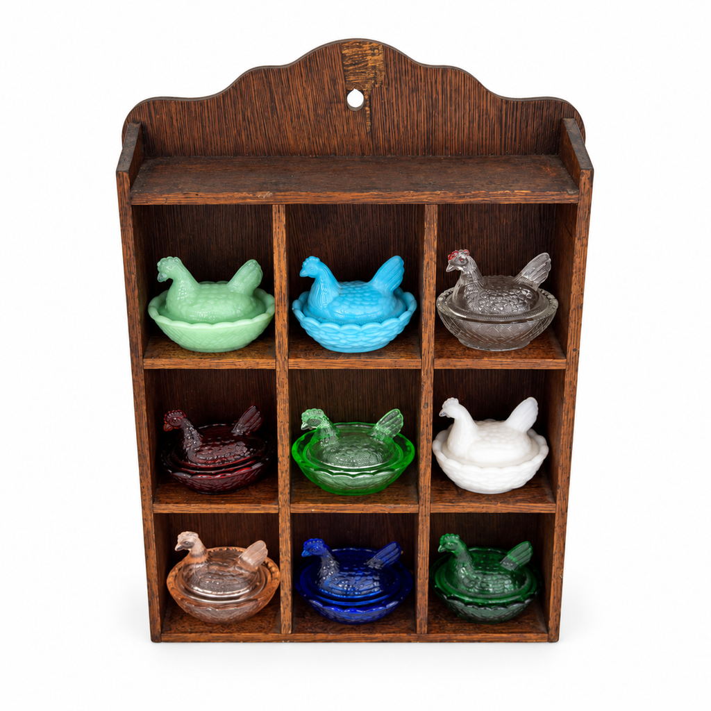 Collection of Nine Vintage Hen on Nest Glass Salt Cellars with Display