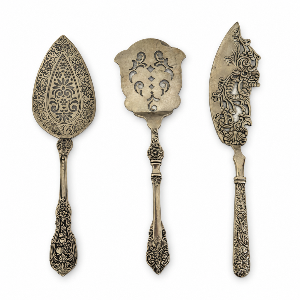Antique Three-Piece Silver Serving Set, Ornate Botanical Design, 1900