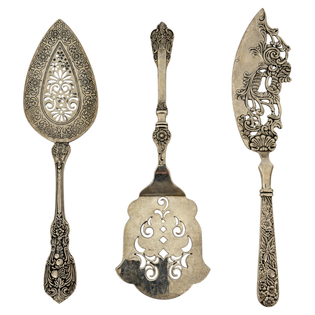 Antique Three-Piece Silver Serving Set, Ornate Botanical Design, 1900