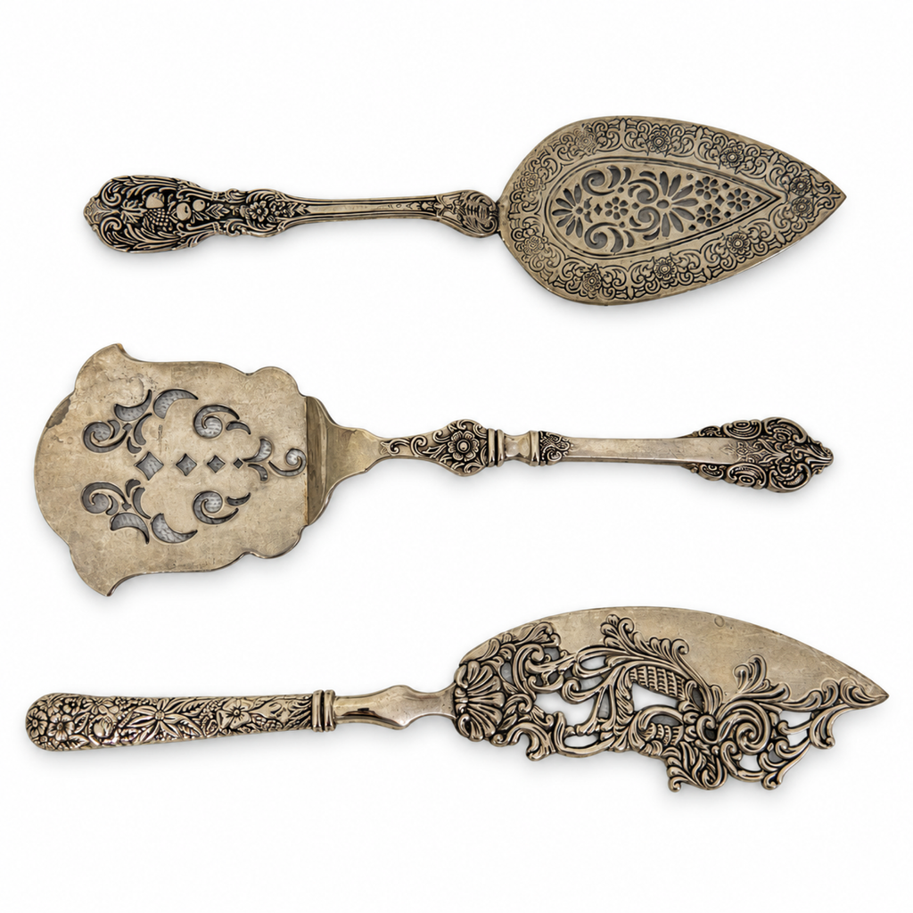 Antique Three-Piece Silver Serving Set, Ornate Botanical Design, 1900