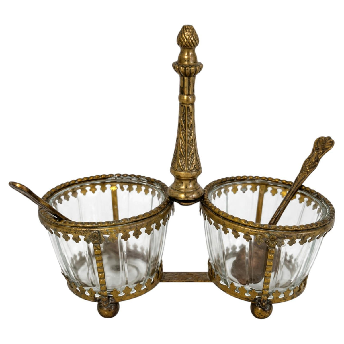 Antique Brass and Glass Double Salt Cellar with Spoons, c. 1900