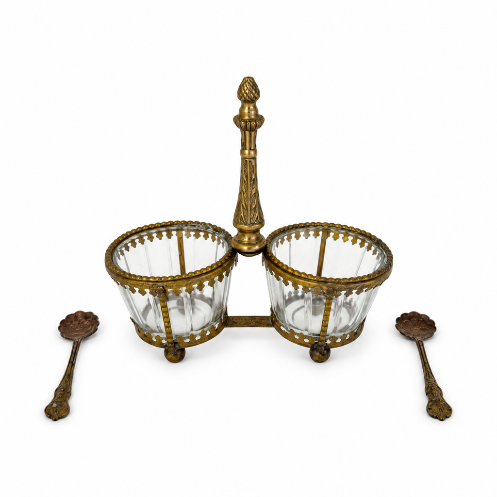 Antique Brass and Glass Double Salt Cellar with Spoons, c. 1900