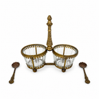 Antique Brass and Glass Double Salt Cellar with Spoons, c. 1900
