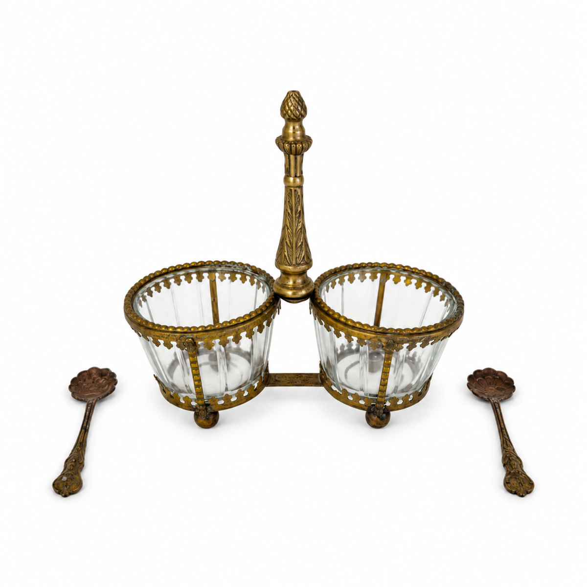 Antique Brass and Glass Double Salt Cellar with Spoons, c. 1900