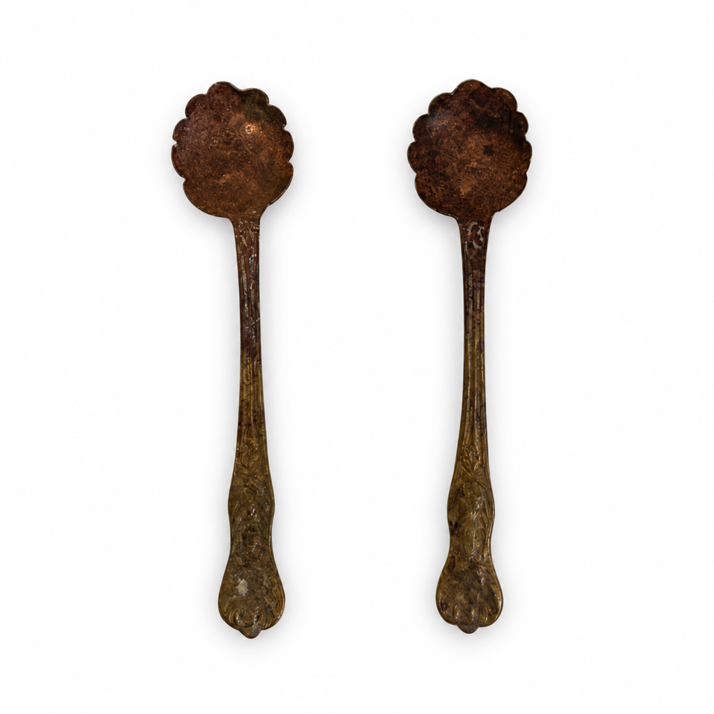 Antique Brass and Glass Double Salt Cellar with Spoons, c. 1900