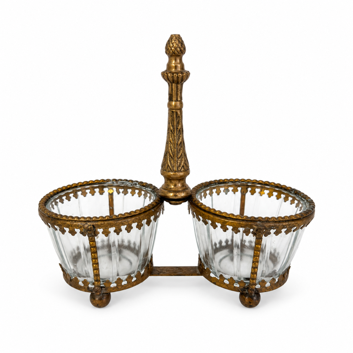 Antique Brass and Glass Double Salt Cellar with Spoons, c. 1900