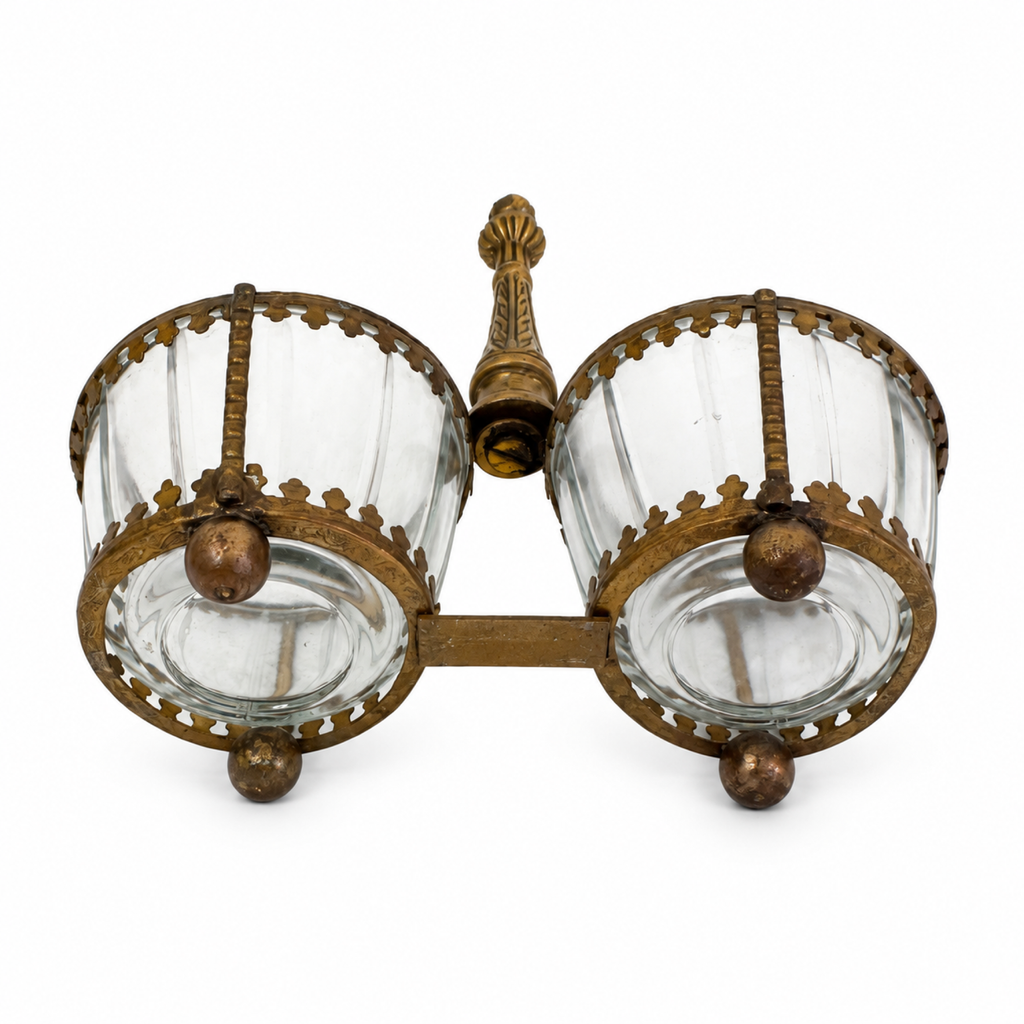 Antique Brass and Glass Double Salt Cellar with Spoons, c. 1900